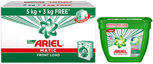 Image of Ariel Matic Front Load Detergent Washing Powder - 5kg Plus 3kg & Matic 3in1 PODs Liquid Detergent Pack 32 Count for Both Front Load and Top Load Washing Machines