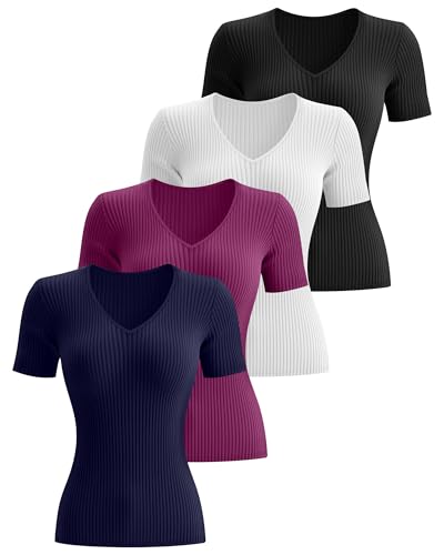 Neer 4 Pack Women's V Neck T-Shirts Cotton Short Sleeve Ribbed Slim Fit Tops Casual Summer Basic Tee Multipack2