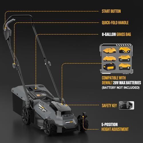 13 Inch Cordless Lawn Mower, Compatible with Dewalt 20V MAX Battery, Brushless Electric Mower with 8 Gallon Grass Bag, 5-Level Height Adjustment, for Small Yard/Garden (Battery Not Included) — view 7