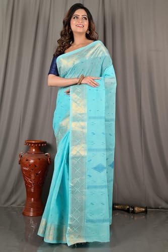 Image of eC ESHA'S COLLECTION Women's Kerala Cotton Floral Motif Printed Zari Bordered Tant Saree Without Blouse Piece