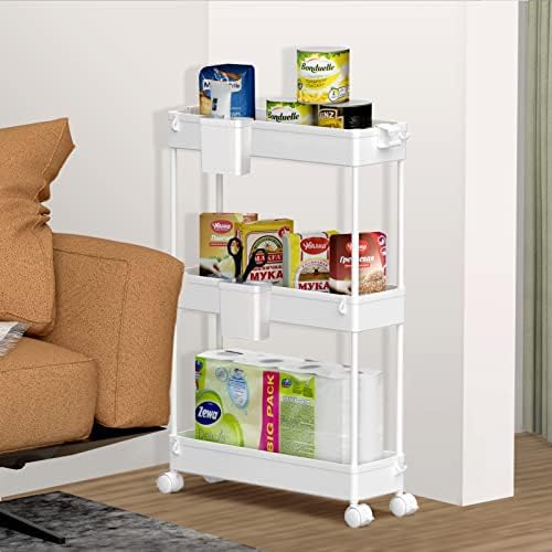 SPACEKEEPER Storage Trolley 3-Tier Rolling Utility Cart Storage Organization Slide Out Shelving Unit for Tight-Space Solution with Extra Accessories of Two Small Containers & Hooks White