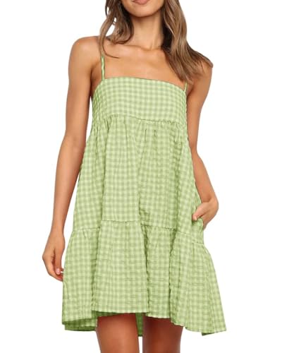 Image of Womens Summer Plaid A-line Sleeveless Casual Flowy Mini Sundress | Spaghetti Strap,Gingham Y2K,Maternity,Vacation,Country Concert,Short Dresses,with Pockets