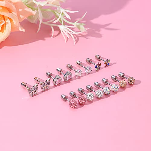 Cassieca 8 Pairs Hypoallergenic Screwback Earrings For Women Stainless Steel Ball Stud Earrings Cz Heart Butterfly Flower Screw On Backs Earring Studs Tragus Cartilage Piercing Jewelry #TOP6