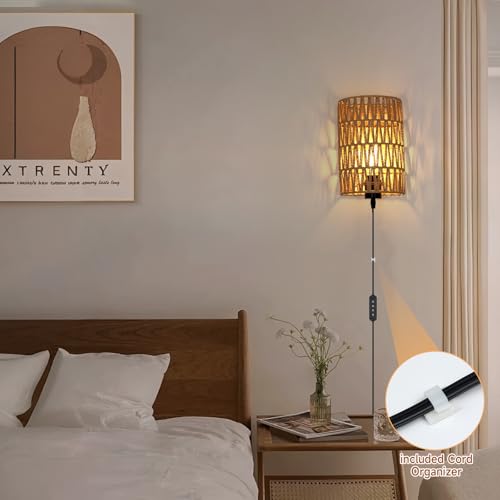 Image of FINCMY Boho Wall Decor Plug in Wall Sconces, Dimmable Sconces Wall Decor Set of 2, Natural Hemp Rope Boho Decor, Plug in Wall Light with Remote, LED Bulbs Included