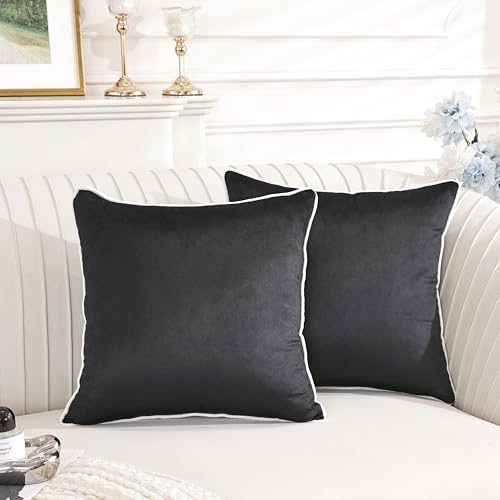 Image of TAOSON Set of 2,Black Velvet Throw Pillow Covers Decorative White Rope Edging Couch Pillow Covers for Modern Home Decor Cushion Cases Pillowcases for Living Room Couch Sofa Bed Bedroom,18x18 Inch