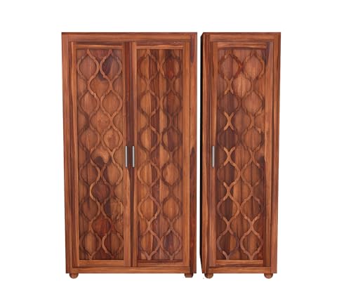 Image of Wooden 3 Door Wardrobe for Clothes with 2 Drawer 6 Shelf Storage & Hanging Space - Sheesham Wood Almirah for Bedroom - Solid Wood Large Cupboard (Honey Finish)