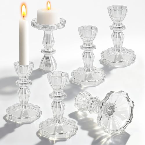 YBVABE Candle Holder Set of 6 – Glass Taper Candlestick Holders, Elegant Table Centerpieces for Wedding, Dining Room, Anniversary, Valentine’s Day, Party Decoration