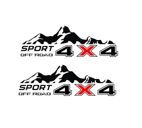Image of 4x4 Off Road Sport Truck Decal Stickers 2PCS - Premium Vinyl Side Graphics for Pickup Bed - Compatible with Tacoma, Tundra, F150, RAM, Wrangler - Black & Red - Includes Squeegee (Mountain Sport)