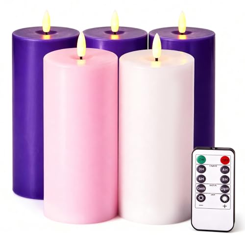 Velsyn Pillar Advent Candles Set of 5 Battery Operated Advent Candle Set with Remote and Timer 3x6 Pink and Purple Pillar Candle Set Flameless Advent Candles for Advent Wreath Pillar Candle Holder