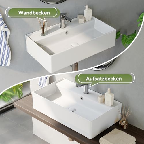 HOROW Waschbecken mit dünnem Rand Design, Rechteckig hängewaschbecken oder Aufsatzwaschbecken, mit hahnloch, Wand waschbecken Gäste WC, ideal für Bad und Waschraum geeignet