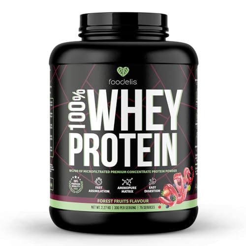 Foodelis 100% Whey Protein | Proteína de Suero Premium con Glutamina Natural y Perfil Completo de Aminoácidos | Máxima Absorción y Fácil Digestión | Frutas del Bosque | 2,27 kg - 75 Dosis