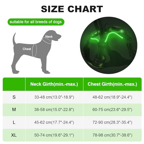 MASBRILL Leuchtgeschirr für Hunde Aufladbar, LED Hundegeschirr Verstellbar Reflektierende Brustgeschirr Beleuchtetes Hundegeschirr (Grün, XL)