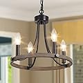 Yarlkav Wagon Wheel Chandelier for Dining Room, Black Farmhouse Chandelier 4 Lights Round Pendant Light, Rustic Hanging Light Fixtures for Kitchen Island Foyer Hallway