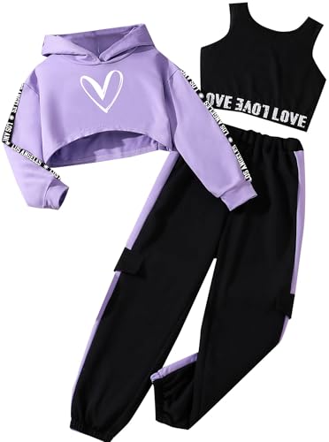 Opiniones y reviews de Sudaderas sin capucha para Niña , tabla con los diez mejores. 42 Hilinker - Conjunto de 3 piezas para niñas con capucha y pantalones deportivos, Corazón negro púrpura, 7-8 Años