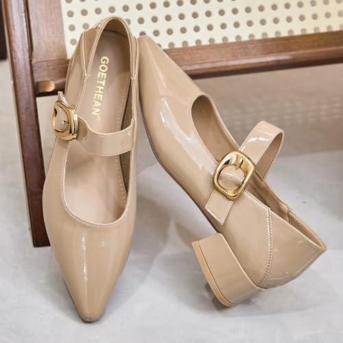 Women's Patent Leather Mary Jane Flats, Pointed Toe, White with Gold Buckle, Low Block Heel2