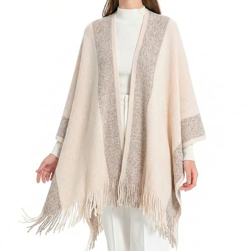 ZLYC Women's Shawl Golden Trim Knit Blanket Wrap Fringe Poncho