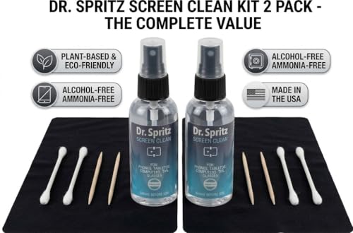 Dr. Spritz Screen Cleaner Spray (2 Pack) - Streak-Free Cleaning Kit for Laptop, MacBook, iPhone, Smart TV & Computer Monitor - Plant-Based & Alcohol-Free - Includes 2 Microfiber Cloths & Detail Tools — view 3
