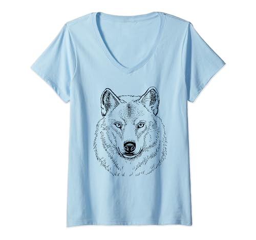 Mujer Lobo blanco dibujado a mano realista animal lobo blanco Camiseta Cuello V
