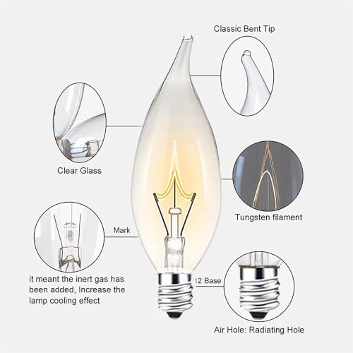 Seigun 3RE3214 12-Pack E12 Candle Light Bulbs,40 Watt Clear Candelabra Base (E12) 110V_120V,Flame Shaped Incandescent Chandelier Light Bulbs,Dimmable thumb #2