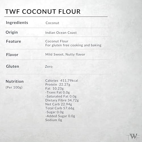Image of TWF Coconut Flour | 500g | Stone Ground | Gluten Free | Low Carb Coconut Powder | Supports Keto Diet | Paleo Friendly | Chemical Free | Ideal for Baking | Nariyal Powder | Grain Free | 100% Natural Nariyal