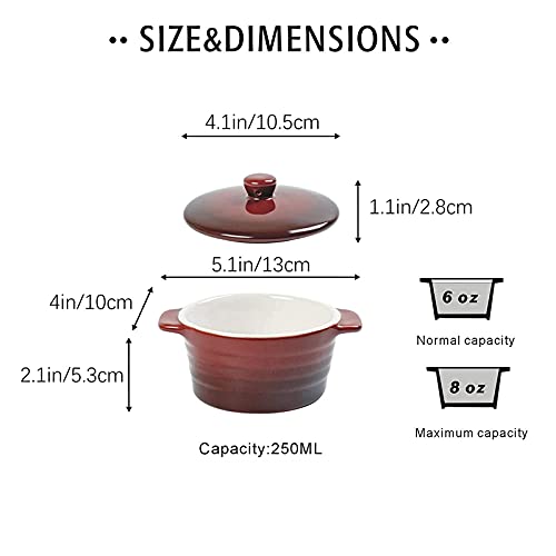 Ciotole con Coperchio e Mini Stampi in Ceramica, Pirottini per Soufflé 250 ml, Mini Casseruola da forno, Ramekin Set da 4 pezzi - 250 ml, Rosso - immagine 3