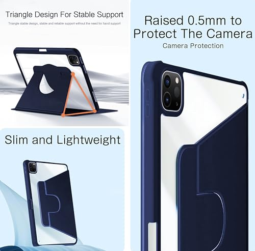 Image of TGK Rotating Case for iPad Pro 12.9 inch (2022 /2021 /2020 /2018, 6th /5th /4th /3rd Gen) with Pencil Holder 360 Degree Rotation Protective Trifold Stand Cover Clear Back (Dark Blue)