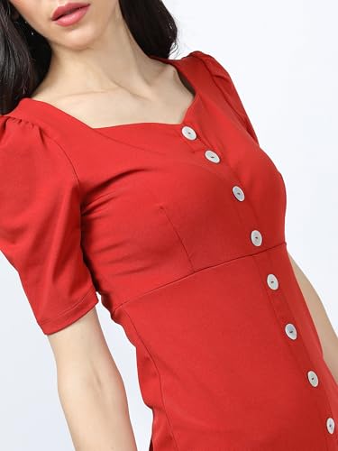 Image of Tokyo Talkies Women's Elegant Solid Sheath Dress | Short Sleeves& Front Button Detail for a Feminine Touch