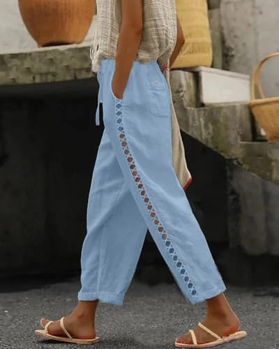 Summer Cotton Linen Pants for Women's Fashion Casual Lace Stitching Trousers Solid Color Drawstring Beach Pants2