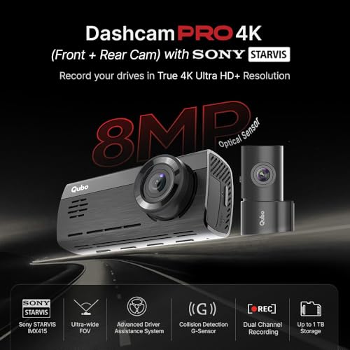 Image of Qubo Car Dashcam Pro 4K | True 4K with Sony STARVIS IMX415 Sensor | Dual Channel | ADAS | NightPulse Vision | 8MP UHD+ Front Wide, 2MP FHD Rear | 2.8 inch LCD | Built-in GPS, Wi-Fi | Up to 1TB Storage