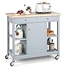 Giantex Mobile Kitchen Island Cart, Rolling Kitchen Island w/Rubber Wood Top, 4 Open Shelves, 2 Deep Drawers, 1 Enclosed Cabinet, Serving Utility Trolley on Wheels for Kitchen, Dining Room (Gray)