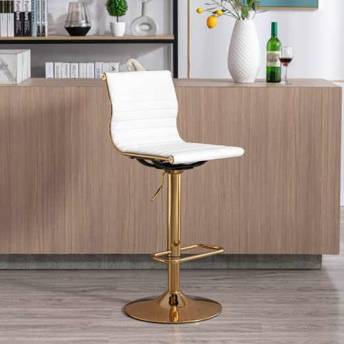 Chairus Modern Swivel Bar Stools Chairs Set Of 4, Adjustable Counter Height Barstools Armless Pu Leather Stools With Footrest And Back Handle For Living Room Kitchen Island, Gold Base, White - 4Pcs #TOP1