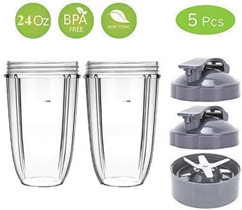 Replacement 24 Oz Cups with Flip Top To Go Lid & Extractor Blade Compatible With Nutribullet 600W 900W Blender (2 Cups With Lid + Blade)