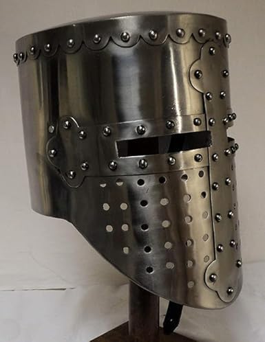 Medieval Crusader Great Helmet – Full Face Steel Knight Helmet with Cross Design, LARP & Costume Display.