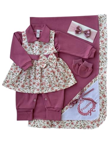 Kit Saída Maternidade Feminina 5 Peças – Rosa Seco Floral – Bebê Menina Recém-Nascido – Macacão, Vestido, Manta, Luvas e Laço – Suedine 100% Algodão