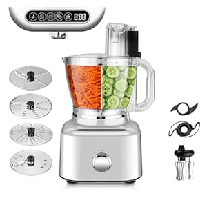 Homtone 16 Cup Food Processor, Aluminum-Diecast Food Processors, 5 Preset Modes Vegetable Chopper Electric, 6 Blades 9 Functions for Home Use, Variable Speed, 650W, Sliver