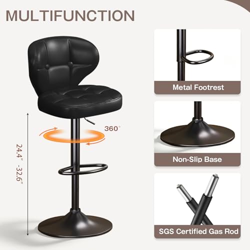 Image of Modern Bar Stools Set of 2, Adjustable Swivel Upholstered Full-Back Counter Height Bar Chairs for Kitchen Island, Dining Room, Bar Black