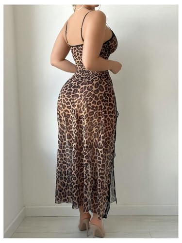 SHENHE Women's Leopard Lingerie Lace Babydoll Chemise High Slit Mesh Slip Nightgown and Thong2