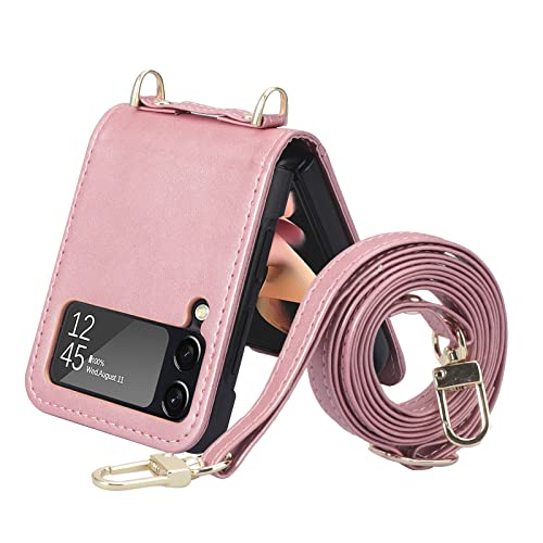 Lbyzcase Wallet Case Compatible With Galaxy Z Flip 4 5G,Adjustable Crossbody Lanyard Durable Card Slots Shockproof Protective Phone Cover For Samsung Galaxy Z Flip 4 2022 (3-Rose Gold) #TOP1
