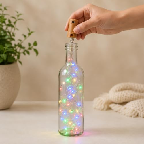 Image of fizzytech Wine Bottle Cork Copper Wire Fairy String Lights Pack of 10, 2 Meter Battery Operated Multicolour Lights for Party, Wedding & Romantic Decor - 20 LED