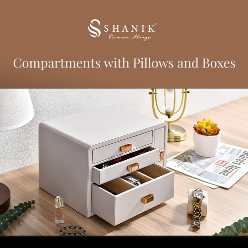 Shanik 4-Drawer Large Jewelry Box For Women With Faux Leather Exterior, Soft Velvet Lining, And Necklace Holder With Side Window, Storage Organizer For Rings, Bracelets, Necklaces, Grey #TOP4