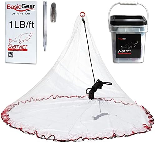 BasicGear Standard Cast Net for Bait Trap Fish | Pure Lead | 8ft Radius with 3/8 inch Mesh 1LB Sinkers for Freshwater and Saltwater | Professional Grade and Upgraded Material | Throw Style