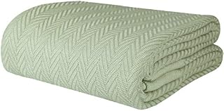 Threadmill Home Linen 100% Pure Cotton Blanket Herringbone Soft Breathable Twin Size Sage
