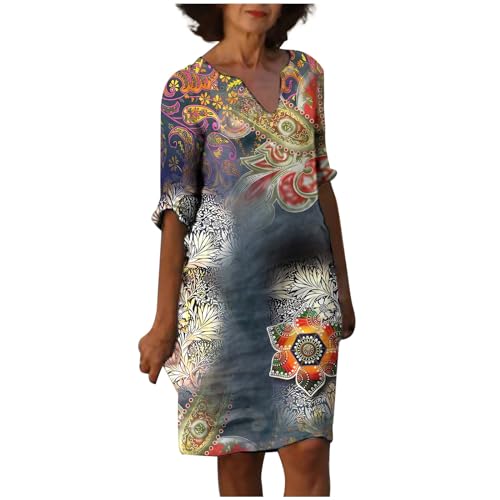 Vestido de verano retro para mujer, cuello en V, manga corta, estampado hasta la rodilla, traje de playa casual (2) oriental negro, gris, S