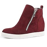 ECOSWAY Plateforme Compensé Femme Décontracté Chaussures, Rond Tête Côté Fermeture Éclair Mode Bottines, Mode Haut Haut Plat Bottes - Rouge, 38