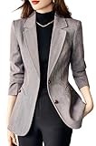 ebossy Women's Double Breasted Houndstooth Plaid Tweed Blazer Jacket Chic Notched Lapel Slim Office Coat Suits (2XL, Grey)