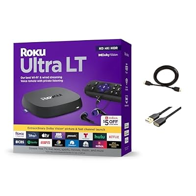 Roku Ultra LT Streaming Device 4K/HDR/Dolby Vision/Dual-Band Wi-Fi with Roku Voice Remote and HDMI Cable, with MTC HDMI Cable and USB Extension Cord