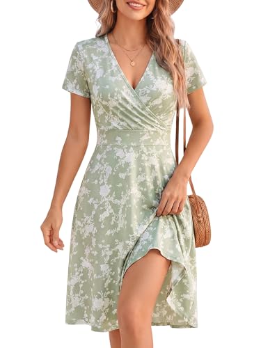 Image of MSBASIC Womens Summer Wrap V Neck Casual Dresses Floral Short Sleeve A-Line Midi Sundress