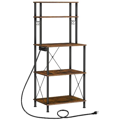 HOOBRO Kitchen Bakers Rack with Power Outlets, 5-Tier Microwave Stand, Coffee Bar with S-Shaped Hooks, Kitchen Storage Shelf Rack for Living Room, Dining Room, Rustic Brown and Black BF80UHB01