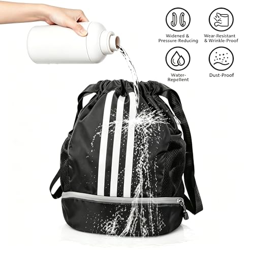 Image of Soccer Bag, Youth Soccer Basketball Bag with Compartments Drawstring Backpack for Football Volleyball Gym Training (Black)