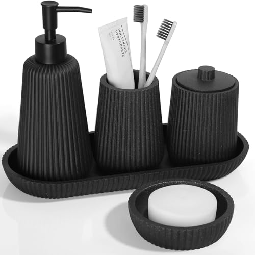 Resin Black Bathroom Accessories Set 5 Pcs, Bathroom Accessory Set, Soap Dispenser, Toothbrush Holder, Qtip Holder, Soap Dish, Vanity Tray, Bathroom Sets Complete for Modern Boho Bathroom Decor